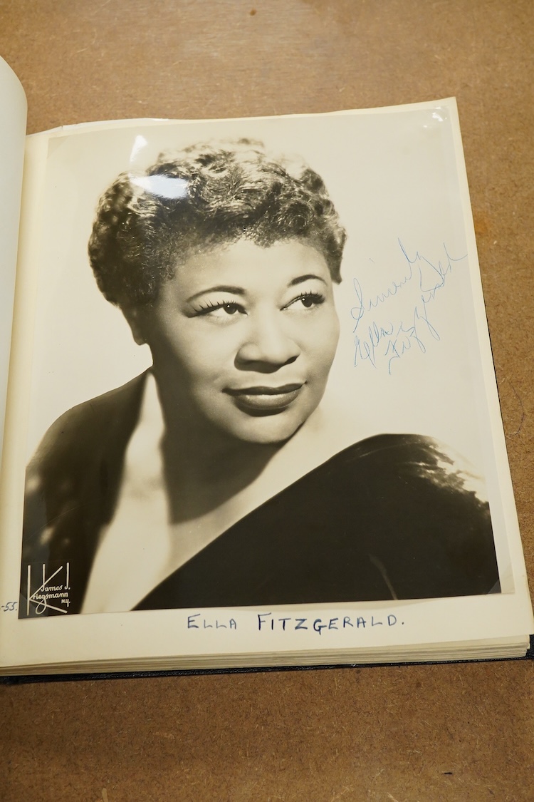 An album containing a wide selection of autographed publicity photographs of jazz and blues artists, including; Louis Armstrong, Chet Baker, Louis Bellson, Dave Brubeck, June Christy, Nat King Cole, Paul Desmond, Duke El